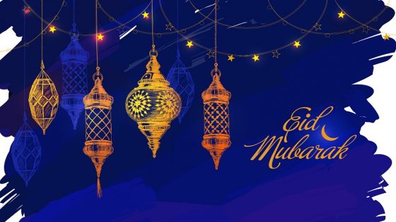 Hand drawn holiday lanterns. Illustration of Eid mubarak. Beautiful islamic and arabic Lanterns and calligraphy wishes. Greeting moubarak and mabrok for Muslim Community festival.