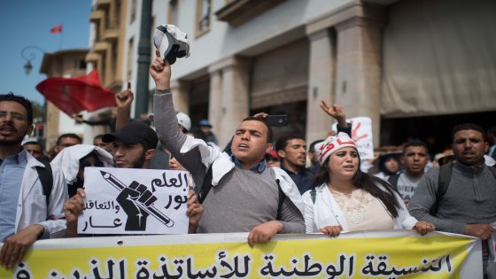 RABAT, MOROCCO - MARCH 24 : Moroccan teachers shout slogans during a protest demanding better working conditions and permanent contracts in Rabat, Morocco on March 24, 2019. (Photo by Jalal Morchidi/Anadolu Agency/Getty Images)